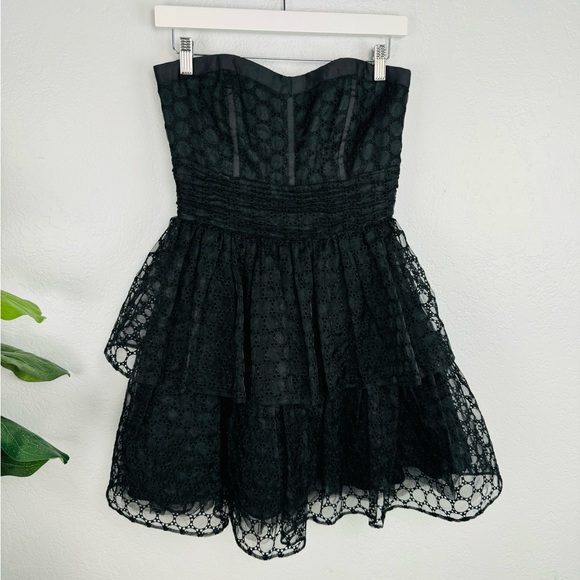 Betsey Johnson Strapless SweatHeart Black Eyelet Mesh Tiered Princess Mini Dress - Picture 2 of 8